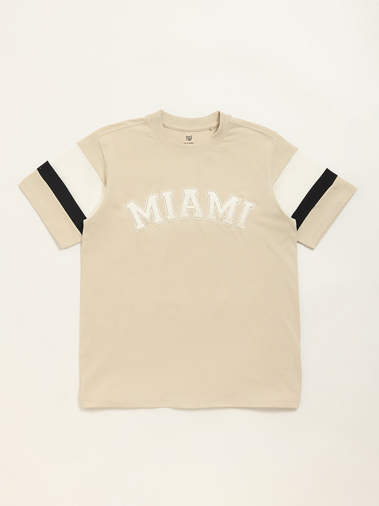 Y&F Kids Beige Text Pattern Cotton T-Shirt
