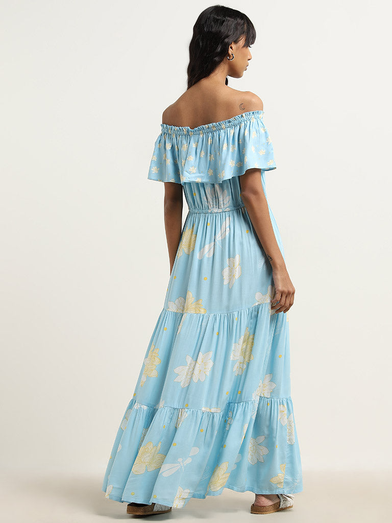 Bombay Paisley Blue Floral Printed Tiered Dress