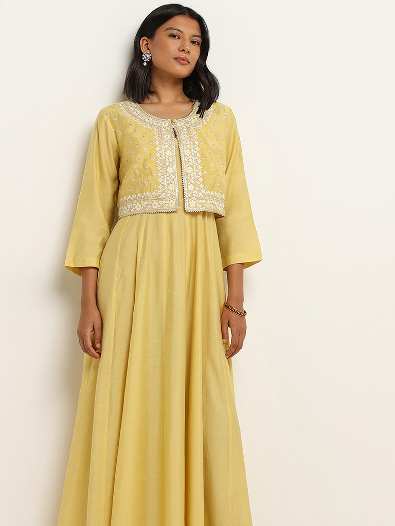 Vark Yellow Embroidered Crop Jacket and Maxi Dress Set