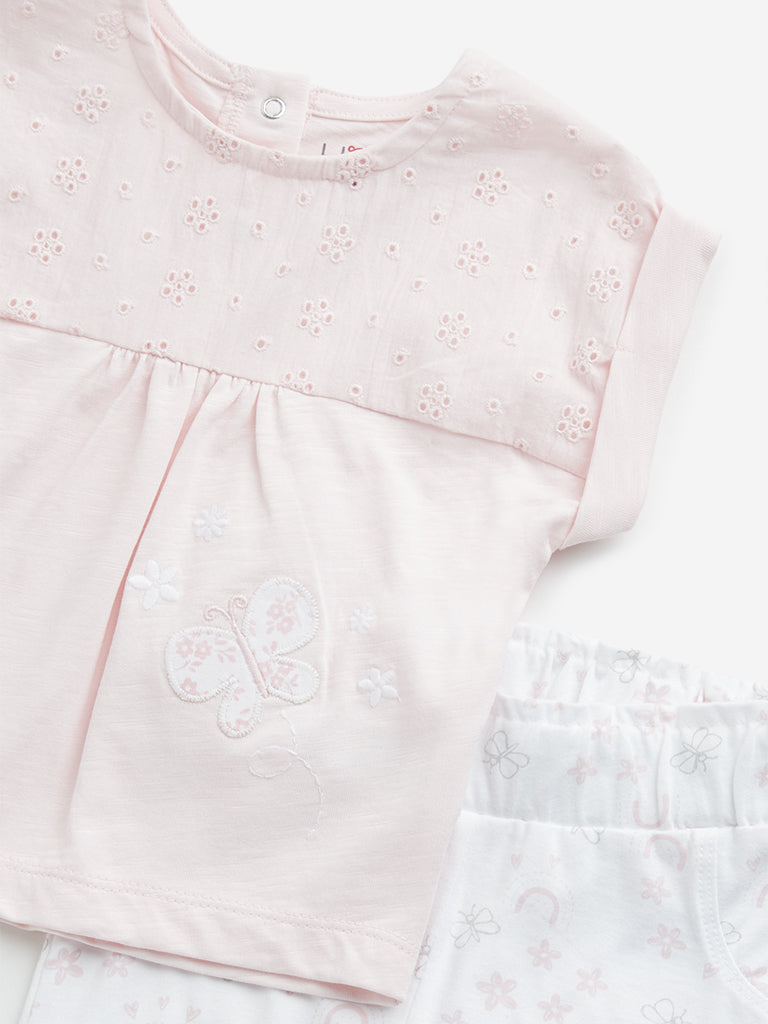 Westside HOP Baby Girl's Pink Schiffli Design Cotton Top and Pants Set for Casual Wear Zoomed View