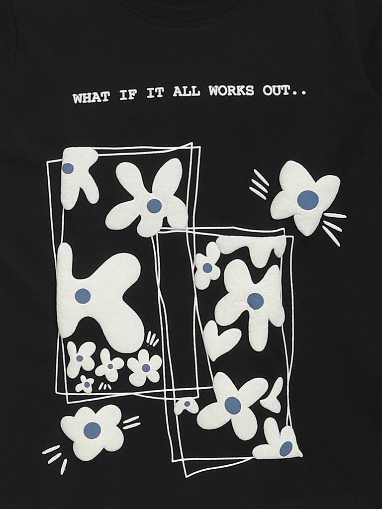 Y&F Kids Black Floral Print T-Shirt