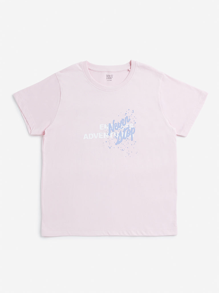 Y&F Kids Light Pink Text Printed T-Shirt