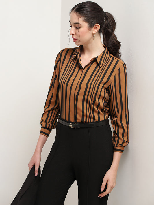 Wardrobe Tan Striped Polyester Shirt