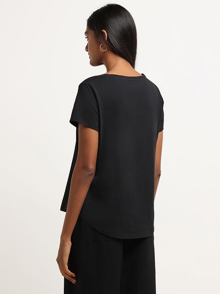 LOV Black Printed Cotton T-Shirt