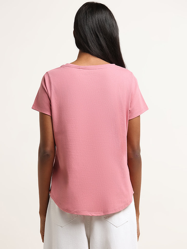 LOV Pink Printed Cotton T-Shirt