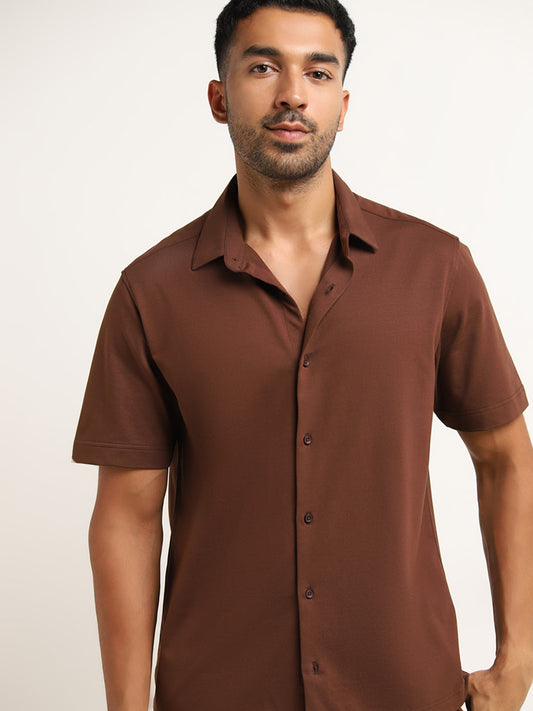 Ascot Brown Cotton Blend Relaxed Fit Solid Shirt
