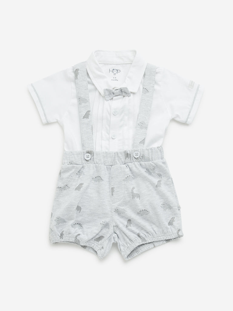 Buy HOP Baby Grey Dinosaur Cotton Dungaree, Shirt Bow Set from