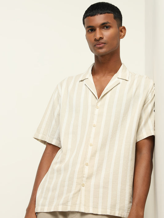 ETA Light Taupe Striped Relaxed-Fit Cotton Shirt