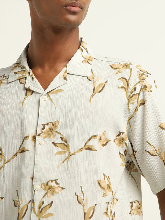 ETA Beige Floral Printed Relaxed-Fit Cotton Shirt