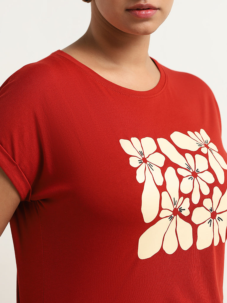 Gia Red Floral Design Cotton T-Shirt