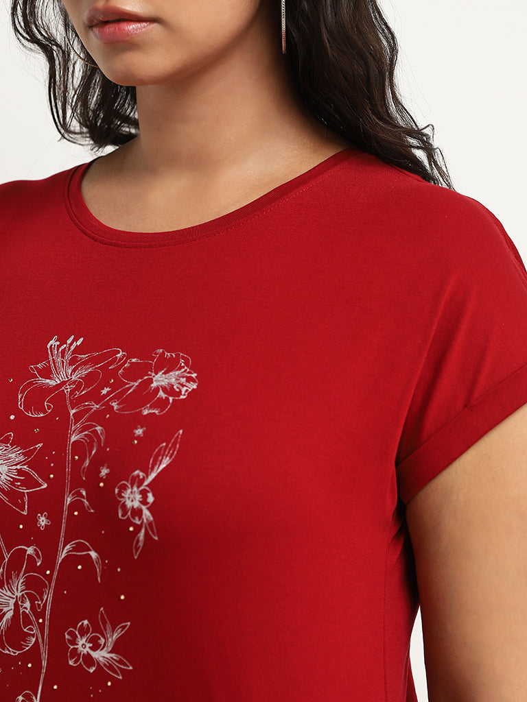 Gia Red Floral Printed Cotton T-Shirt