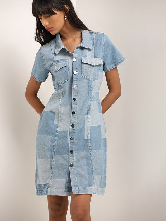 Nuon Blue Patchwork Denim Shirt Cotton Dress