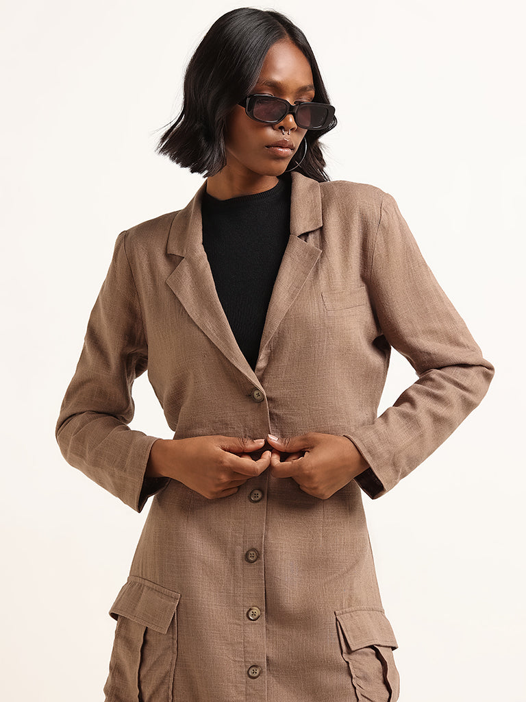 Buy Nuon Brown Blended Linen Cropped Jacket from Westside