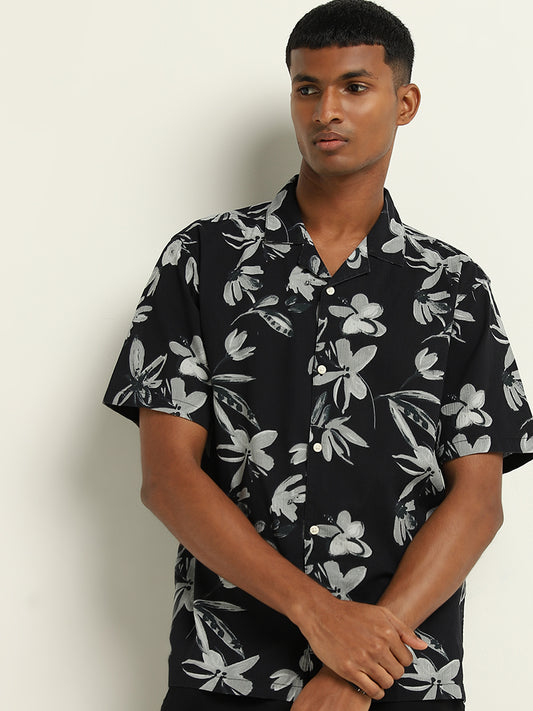 ETA Black Floral Printed Relaxed-Fit Cotton Shirt