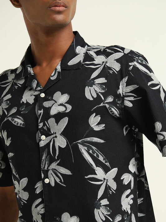 ETA Black Floral Printed Relaxed-Fit Cotton Shirt