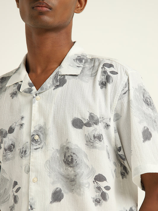 ETA Grey Floral Design Relaxed-Fit Cotton Shirt
