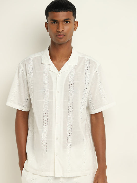 ETA White Schiffli Design Relaxed-Fit Cotton Shirt