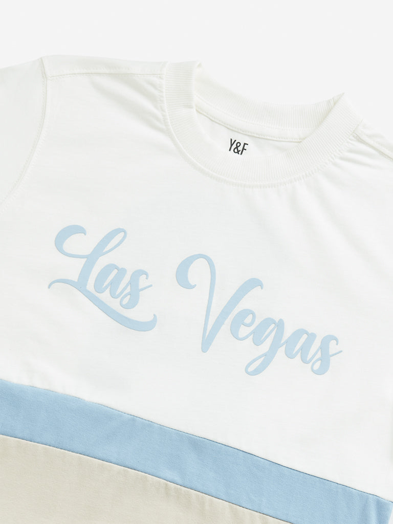 Westside Y&F Boy's Off-White Colour Blocked Design Cotton T-Shirt for Casual Wear Zoomed View