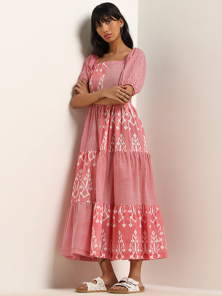 Buy Bombay Paisley Red Ikat Patterned Tiered Cotton Dress from Westside