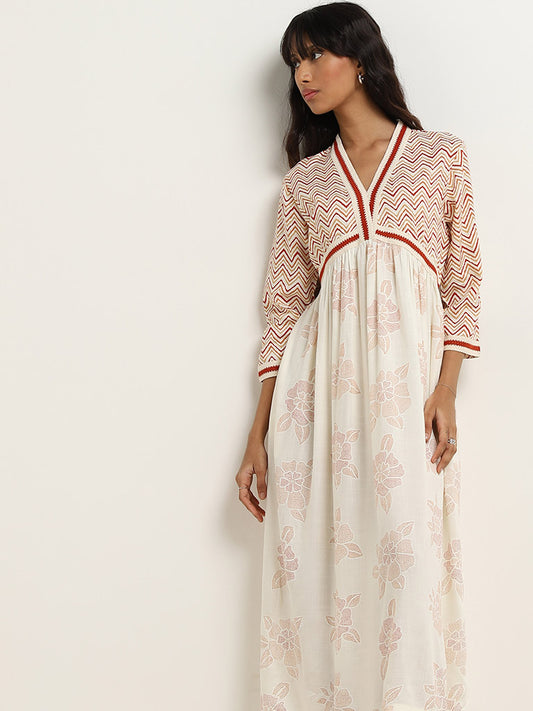 Bombay Paisley Off-White Floral Design Empire-Line Dress