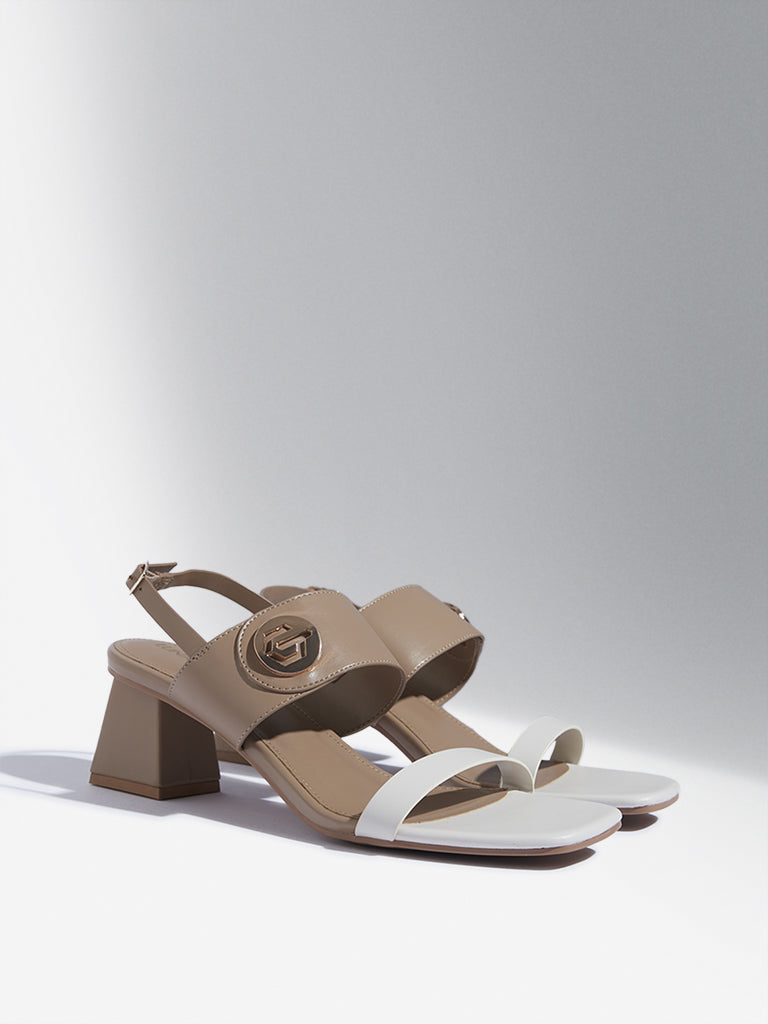 Westside LUNA BLU Women's Beige Hardware-Detailed Block Heel Sandals for Party Wear Front View