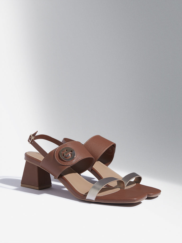 Westside LUNA BLU Women's Tan Hardware-Detailed Block Heel Sandals for Party Wear Front View