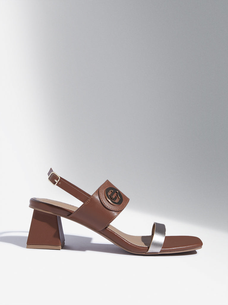 Westside LUNA BLU Women's Tan Hardware-Detailed Block Heel Sandals for Party Wear Side View