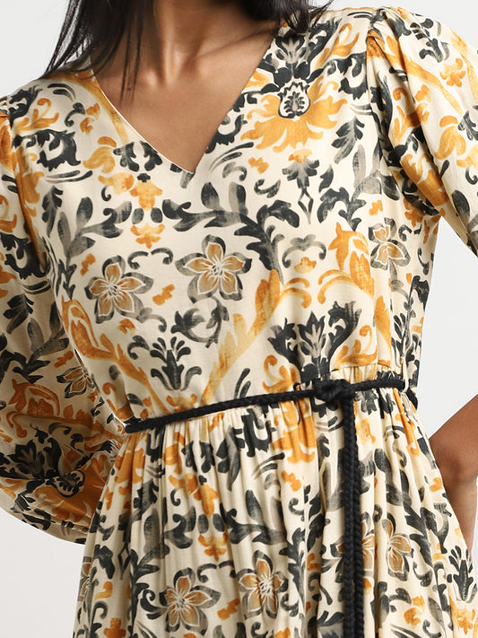 LOV Beige Floral Printed Tiered Dress with Belt