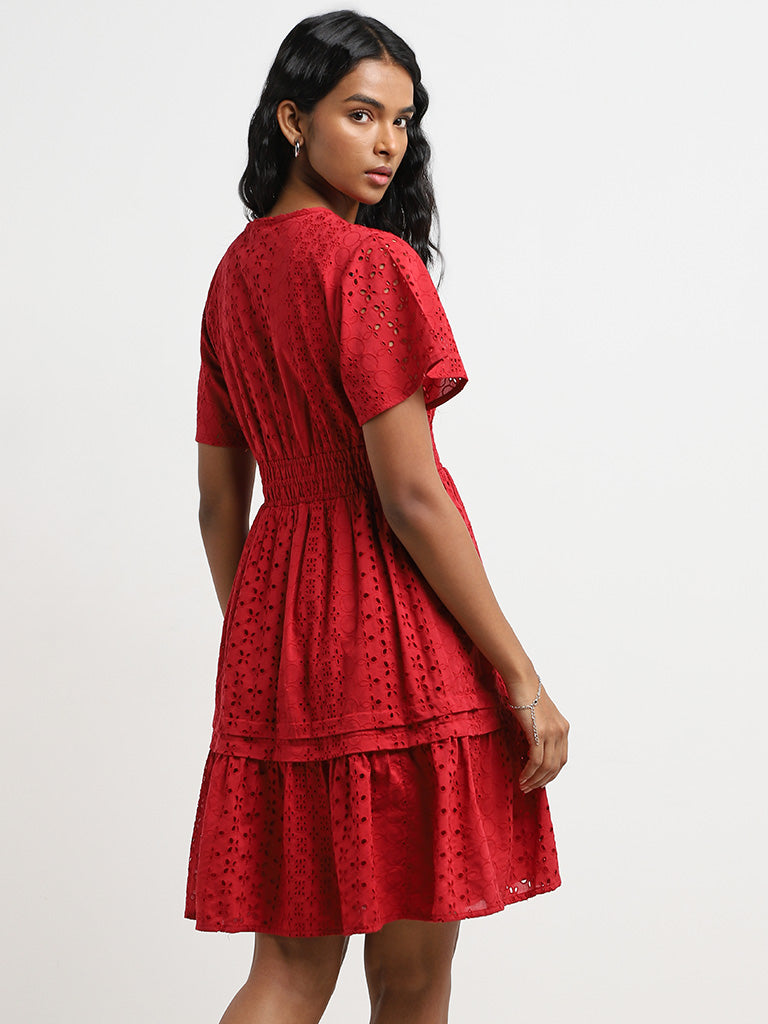 LOV Red Schiffli Design Cotton Tiered Dress