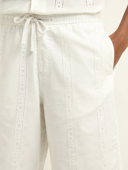 ETA White Schiffli Relaxed-Fit Mid Rise Cotton Shorts