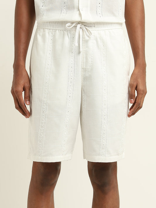 ETA White Schiffli Relaxed-Fit Mid Rise Cotton Shorts