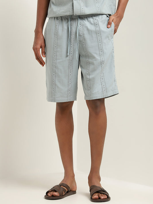 ETA Dusty Teal Schiffli Relaxed-Fit Mid Rise Cotton Shorts