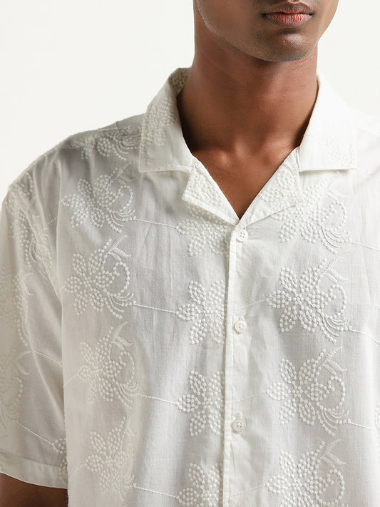ETA White Floral Embroidered Relaxed Fit Shirt