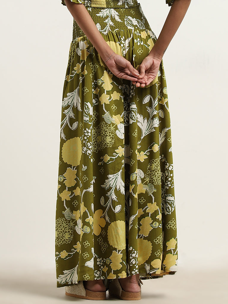 Westside Bombay Paisley Women's Olive Foliage Design High-Rise Skirt for Everyday Back View
