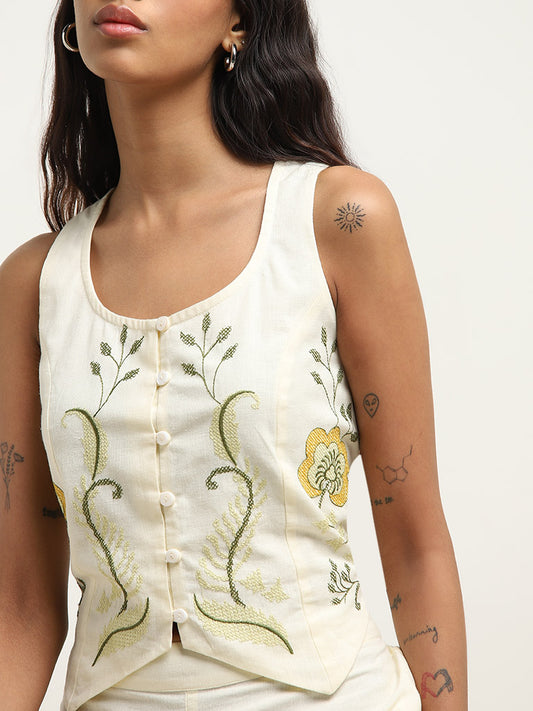 Bombay Paisley Off-White Floral Embroidered Top
