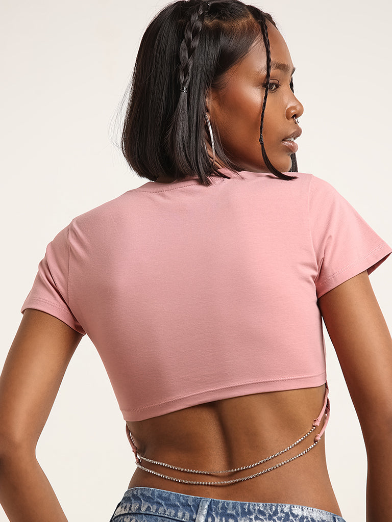 Nuon Solid Pink Cotton Blend Crop T-Shirt