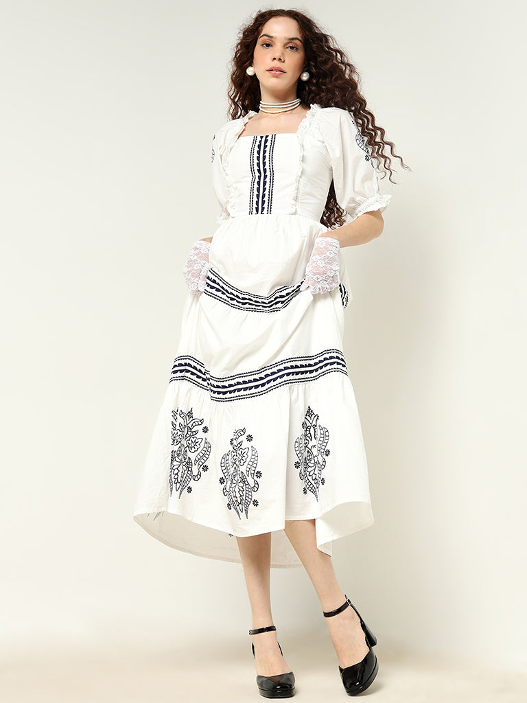 Buy LOV White Printed Cotton Blend Tiered Dress from Westside