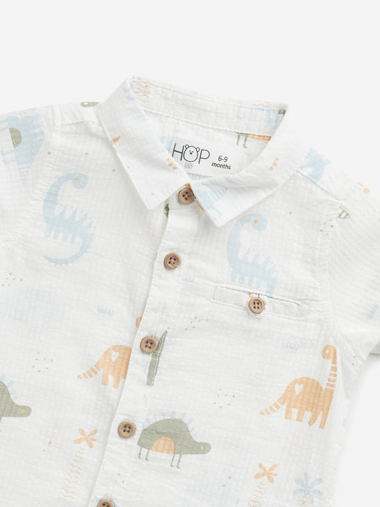 HOP Baby White Dinosaur Patterned Seersucker Shirt
