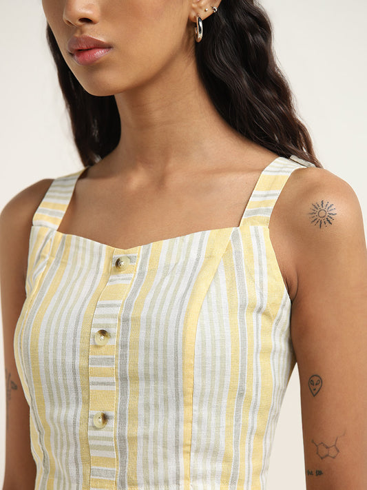 Bombay Paisley Yellow Stripe Printed Blended Linen Top