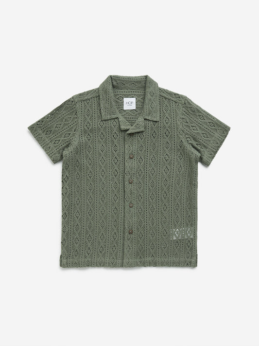 HOP Kids Dark Green Crochet Cotton Shirt