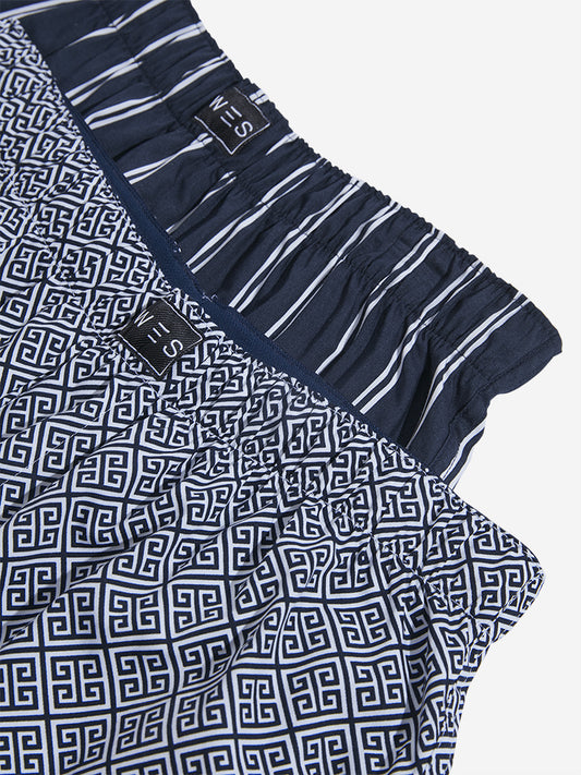 WES Lounge Blue Printed Cotton Boxers - Pack of 2