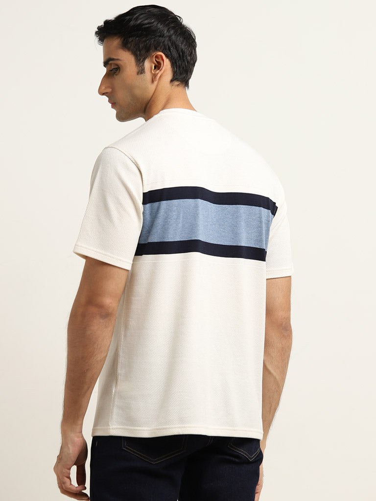 Westside WES Lounge Men's White Stripe Printed Cotton T-Shirt for Lounge Wear Back View