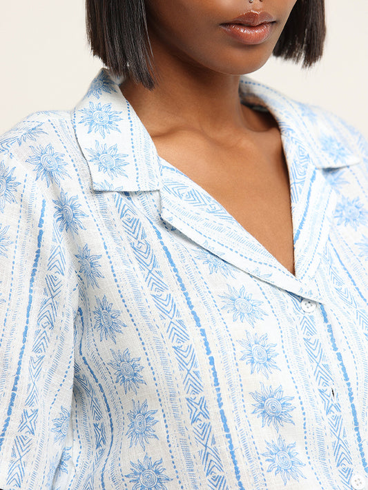 Nuon White & Blue Printed Blended Linen Shirt