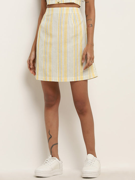 Bombay Paisley Yellow Striped High Rise Blended Linen Skirt
