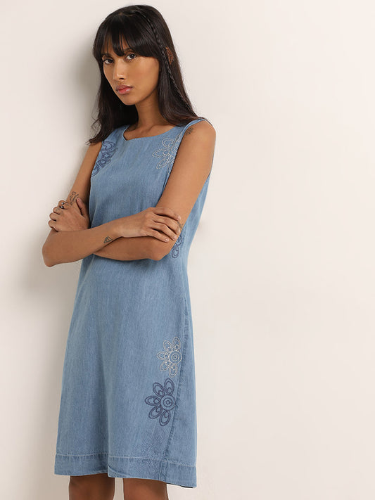 Bombay Paisley Blue Floral Embroidered Straight Dress