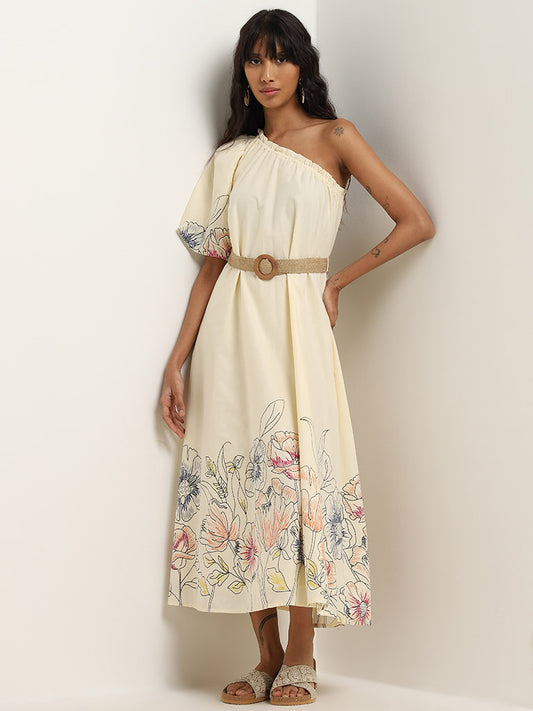 Bombay Paisley Off-White Cotton One-Shoulder Dress & Belt