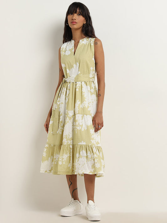 Bombay Paisley Sage Floral Printed Tiered Dress with Belt