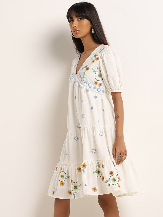Bombay Paisley Ivory Floral Embroidered Tiered Cotton Dress