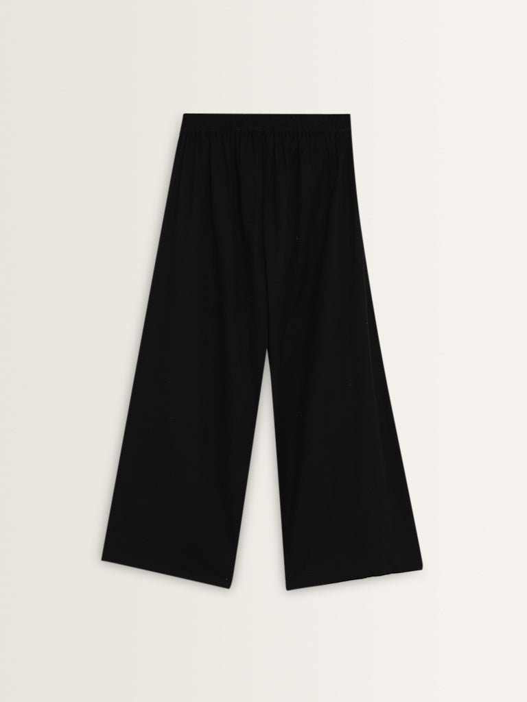 Utsa Black High-Rise Cotton-Blend Palazzos