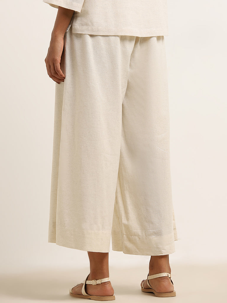 Utsa Beige Flared High-Rise Cotton-Blend Palazzos